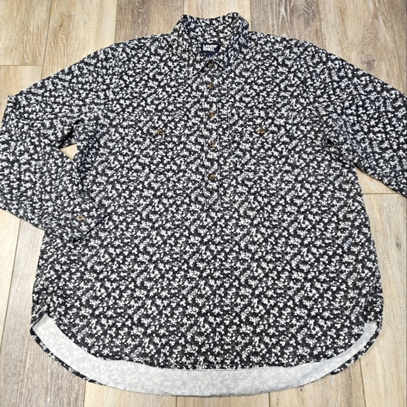 Lands' End Micro Floral Popover Blouse Long Sleeve Black White Women's Large - Picture 1 of 8